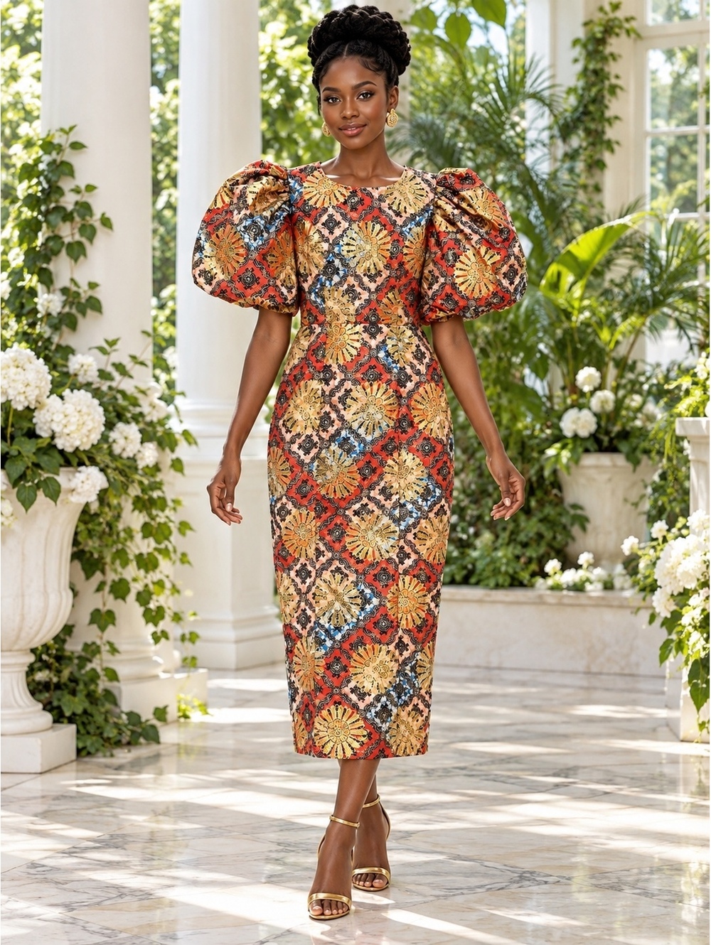 African Ankara Wax Print Dress Metallic Gold Floral Puff Sleeves Small